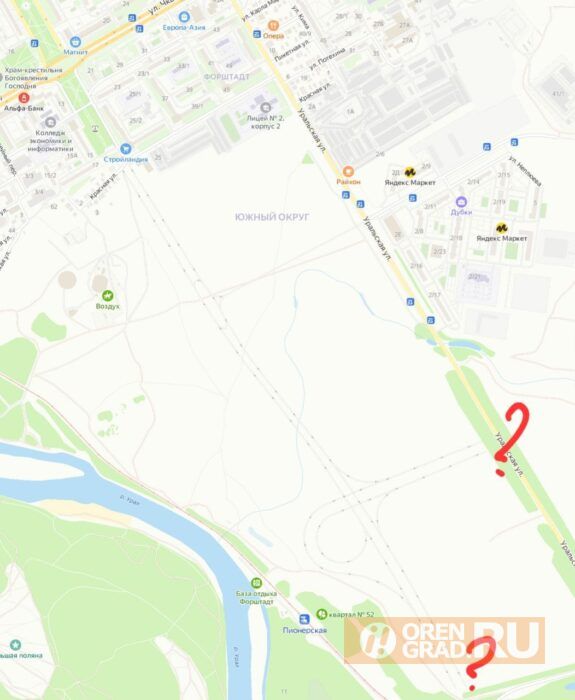 На Яндекс картах Оренбурга появились очертания нового участка дублера улицы Чкалова с выходом на улицу Степана Разина